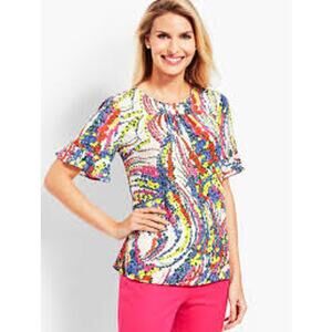 Talbots ruffle sleeve swirling floral spring light weight top women's size MP